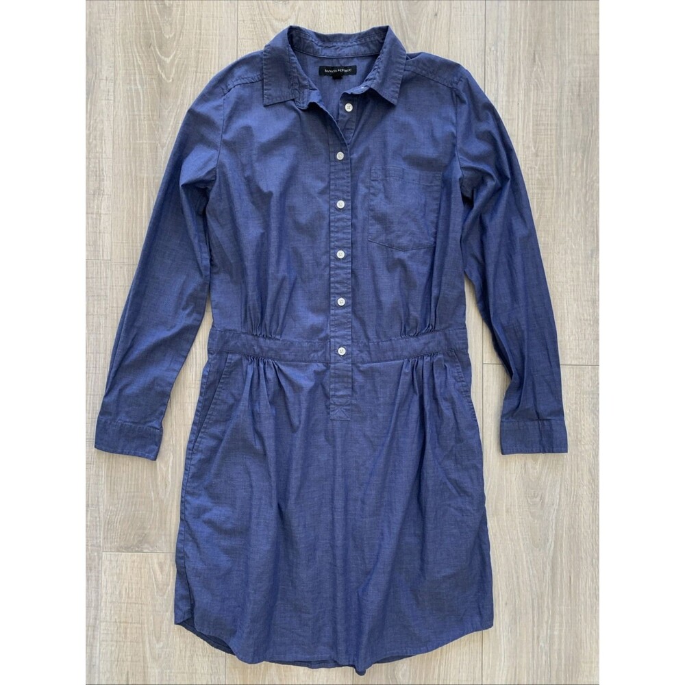 Banana Republic Long Sleeve Collared Button Front Shirt Dress Blue Womens Sz 6